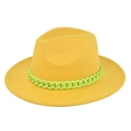 Detail of yellow wool fedora hat with a bold neon green chain strap decoration - M (56-58cm) / Yellow
