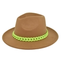Detailed view of camel wool fedora hat with a bold lime green chunky chain decoration - M (56-58cm) / Dark Khaki