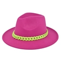 Detail of rose pink wool fedora hat featuring a bold neon green plastic chain decor - M (56-58cm) / Rose Red