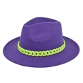 Detail view of purple wool fedora hat featuring a chunky neon green chain decoration - M (56-58cm) / Purple