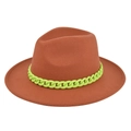 Close-up of caramel brown wool fedora hat featuring a vibrant neon green chain accessory - M (56-58cm) / Rust red