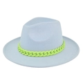 Detail of light blue wool fedora hat featuring a vibrant neon green chain accessory - M (56-58cm) / Sky Blue