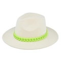 Detail of cream fedora hat with neon green chain band on smooth wool felt texture - M (56-58cm) / Off White