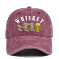 Detailed close-up of vintage washed burgundy baseball cap featuring whiskey graphic print - Adjustable / Burgundy