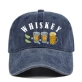 Detail of washed navy denim baseball cap with Whiskey text and beverage illustrations - Adjustable / Navy Blue