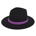 British style black wide brim wool felt fedora hat featuring a bold purple chain decoration - M / Black