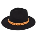 Close-up of black wool fedora hat featuring a bold orange thick chain decorative band - M / Black