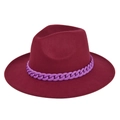 Close-up of wine red fedora hat with a bold purple chain band on a white background - M / Burgundy