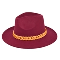 Close-up of burgundy fedora hat with a bold orange plastic chain decorative band - M / Burgundy