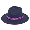 Close-up of dark blue wool fedora hat featuring a stylish purple chain band decoration - M / Navy Blue