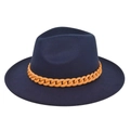 Detail view of navy blue fedora wool hat featuring a bold orange plastic chain decoration - M / Navy Blue