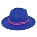 Detail showing royal blue wide brim fedora hat with purple plastic curb chain decoration - M / Blue