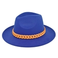 Detail of blue wool fedora hat with a bold orange plastic chain band and wide flat brim - M / Blue