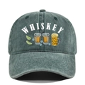 Close-up of vintage washed cotton baseball cap with Whiskey text and glass illustration - Adjustable / Grass Green