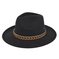 Vintage zwarte vilten fedora hoed met bruine ketting en brede platte rand voor dames - M (56-58cm) / Zwart