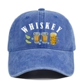 Detailed view of Whiskey print and graphic illustrations on washed blue denim baseball cap - Adjustable / Sapphire Blue