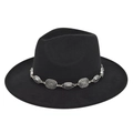 Classic black flat brim fedora hat with a decorative silver metal chain band - M (56-58cm) / Black