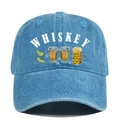 Macro shot of vintage blue denim baseball cap featuring white Whiskey print and beer graphic - Adjustable / Lake Blue
