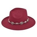 Detail of burgundy wool fedora hat featuring a vintage silver metal decorative chain link - M (56-58cm) / Burgundy