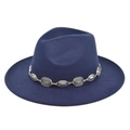 Close-up of deep blue wool felt fedora featuring a vintage silver metal chain link band - M (56-58cm) / Navy Blue