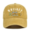 Close-up of vintage mustard yellow washed cotton baseball cap with whiskey graphic - Adjustable / Yellow