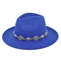 Detail view of royal blue fedora hat with elegant silver metal chain decoration - M (56-58cm) / Blue