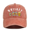 Close-up of vintage washed cotton baseball cap with Whiskey print and distressed texture - Adjustable / Orange