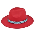 Detail of red fedora hat featuring a bold sky blue chunky plastic chain decoration - M(56-58cm) / Red