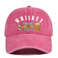 Detailed close-up of pink washed cotton baseball cap with white Whiskey print and embroidery - Adjustable / Rose Red