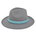 Close-up of grey wool felt fedora featuring a bold blue plastic chain decoration - M(56-58cm) / Gray