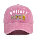 Close-up of pink washed cotton baseball cap with vintage whiskey print and beer illustration - Adjustable / Pink