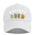 Macro shot of white twill cotton baseball cap with Whiskey text and beverage illustration - Adjustable / White