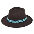 Close-up detail of dark brown fedora hat featuring a chunky light blue plastic chain decoration - M(56-58cm) / Coffee