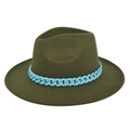 Detailed view of the dark green wool fedora crown with decorative light blue chain - M(56-58cm) / Army Green