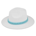 Detail shot of a white wool fedora hat featuring a chunky light blue chain band accent - M(56-58cm) / White