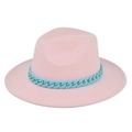 Close-up of pink wool felt jazz hat featuring a decorative light blue plastic chain strap - M(56-58cm) / Pink