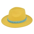 Detail of ginger yellow wool fedora hat featuring a chunky light blue plastic chain decoration - M(56-58cm) / Yellow