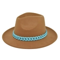 Detailed texture of camel wool fedora with a decorative bright blue chunky chain link - M(56-58cm) / Dark Khaki