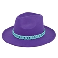 Detail of purple wool felt jazz hat with a chunky light blue chain accent on the brim - M(56-58cm) / Purple
