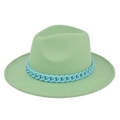 Detailed macro view of light green wool fedora with decorative blue plastic chain link - M(56-58cm) / Verdant