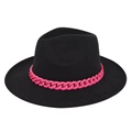 Detail of black wool fedora hat featuring a chunky pink plastic chain decoration - M (56-58cm) / Black