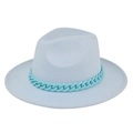 Light blue flat brim wool felt jazz hat with stylish matching chain link decoration - M(56-58cm) / Sky Blue