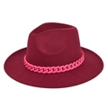 Detail view of burgundy wool felt fedora hat with decorative bright pink chunky chain link - M (56-58cm) / Burgundy
