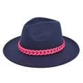 Detail of navy wool fedora hat featuring a chunky vibrant pink chain decorative band - M (56-58cm) / Navy Blue