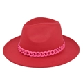 Detail view of red fedora hat featuring a chunky pink resin chain on thick wool felt - M (56-58cm) / Red