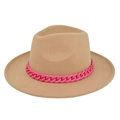 Detail of camel wool fedora hat featuring a bold pink chunky chain decorative band - M (56-58cm) / Khaki
