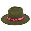 Close-up of olive green fedora hat featuring a chunky vibrant pink chain decorative band - M (56-58cm) / Army Green