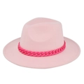 Detailed view of pink fedora hat with a bold bright pink decorative plastic chain - M (56-58cm) / Pink