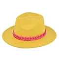 Classic yellow wide brim fedora hat with decorative pink chain link for women - M (56-58cm) / Yellow