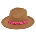 Detail of camel fedora hat featuring a bold pink plastic chain accent on a flat brim - M (56-58cm) / Dark Khaki